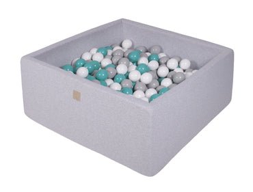 Vierkante ballenbak - Licht grijs met Turquoise, Transparante en Grijze ballen